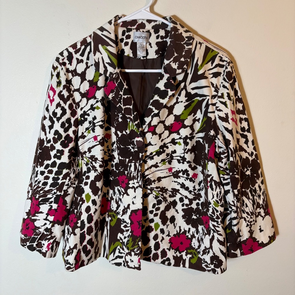 Chicos Floral Print Blazer Abstract Botanical Pink Green Brown Size 2 (12/14)